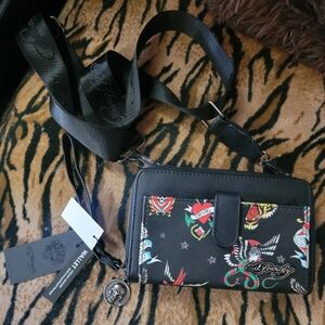 Ed Hardy Tattoo Black Women's Wallet Crossbody Bag Wide Strap New W Tags